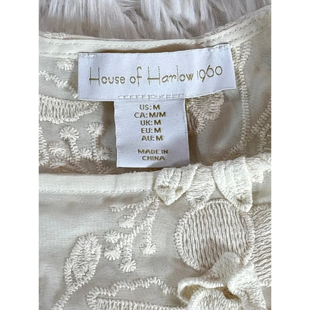 House of Harlow 1960 Cream Floral Embroidered‎ Ruffle Balloon Sleeve Blouse M